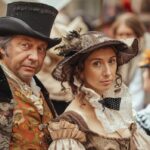 Historical Reenactment Scene with Man and Woman in 18th  Century Costumes