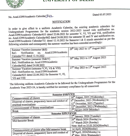 DU releases its UG academic calendar
